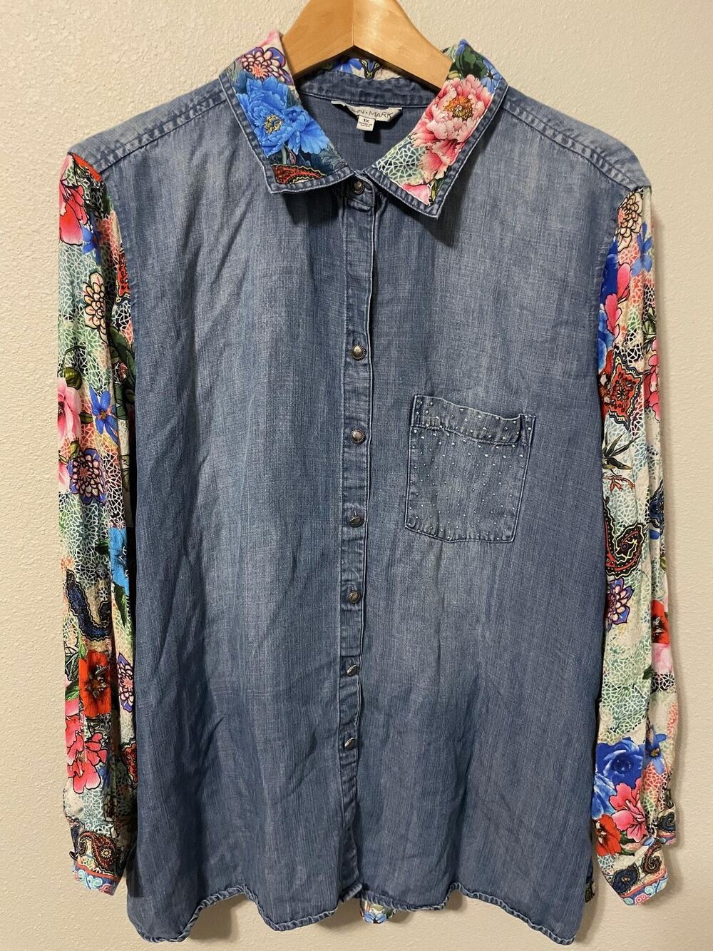 John Mark Tunic Top Womens 1X Blue Denim Floral Studded Button Up Boho Artsy